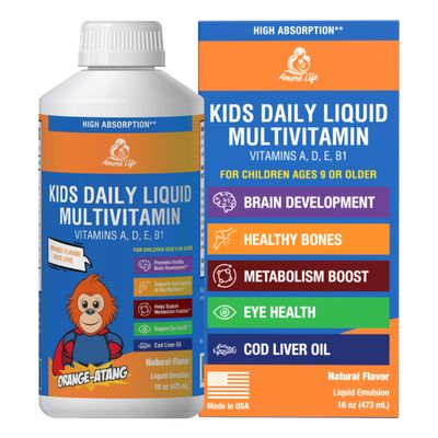 Amore Life Daily Liquid Multivitamin for Kids, High Absorption with Liquid Vitamin A, D, E, B1 and Cod Liver Oil for Kids, Vitamin Supplements, Family Friendly, 16oz, Orange Flavor