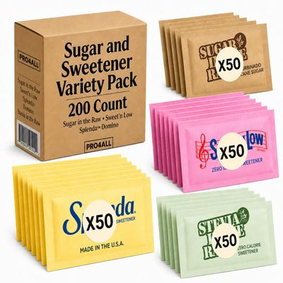 Sweetener Singles Variety Pack 200 Count, Assorted Sugar & Zero Calorie Sweeteners for Coffee, Tea and Drinks