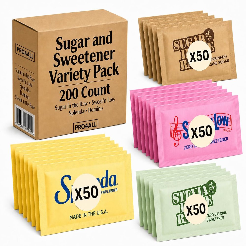 Sweetener Singles Variety Pack 200 Count, Assorted Sugar & Zero Calorie Sweeteners for Coffee, Tea and Drinks