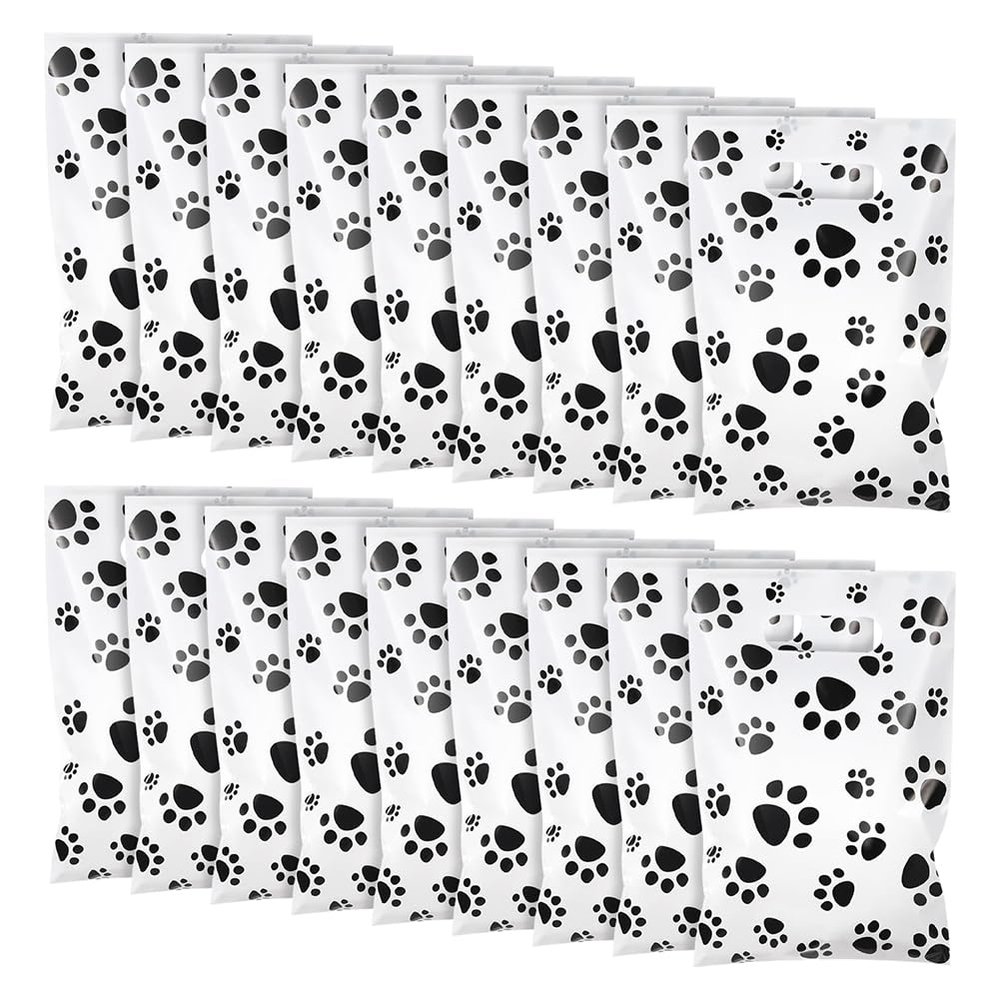 100 Pcs Plastic Dog Paw Gift Bags Puppy Paw Print Treat Bags Pet Shopping Bag Cute Candy Goodie Bag Party Favor Present Pouches with Handle for Festival Holiday Black