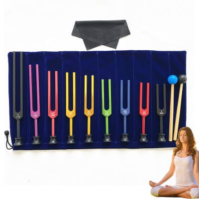 CHANGLKJ 9-Piece Tuning Fork Set, Chakra Music Tuning Fork, Sound Therapy Healing Tool with Base and Silicone Hammer, 174/285/396/417/528/639/741/852/963Hz, for Relaxation, Meditation, Sound Healing