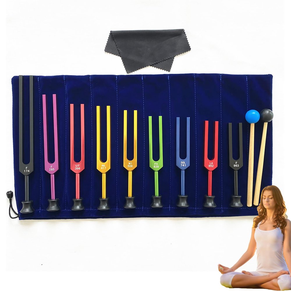 CHANGLKJ 9-Piece Tuning Fork Set, Chakra Music Tuning Fork, Sound Therapy Healing Tool with Base and Silicone Hammer, 174/285/396/417/528/639/741/852/963Hz, for Relaxation, Meditation, Sound Healing