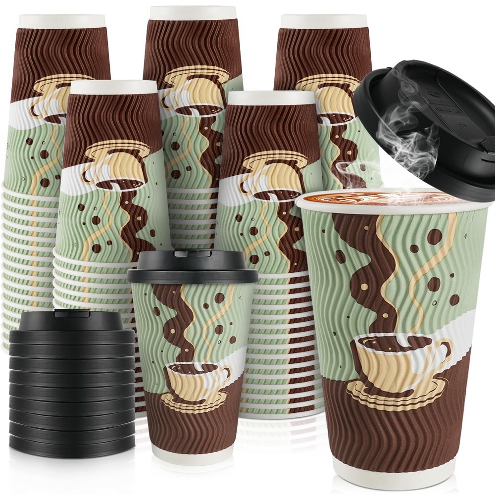 Disposable Paper Coffee Cups To Go with Lids 16oz, Insulated
