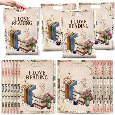 Falueqg Book Themed Party Decorations - 50 Pcs Bulk Reuasble Book Themed Goodie Bags with Handle, Candy Surprise Bags Party Favors