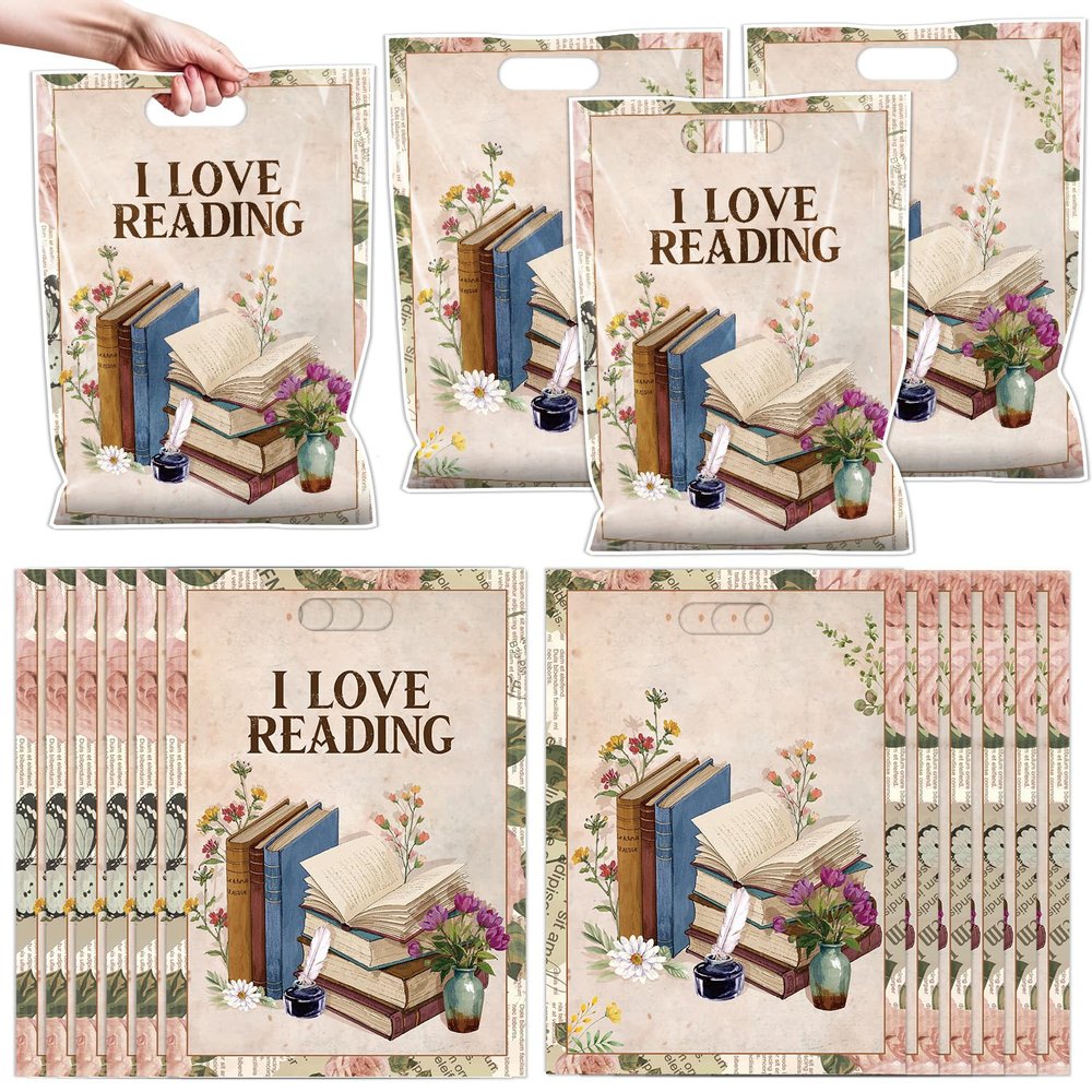 Falueqg Book Themed Party Decorations - 50 Pcs Bulk Reuasble Book Themed Goodie Bags with Handle, Candy Surprise Bags Party Favors