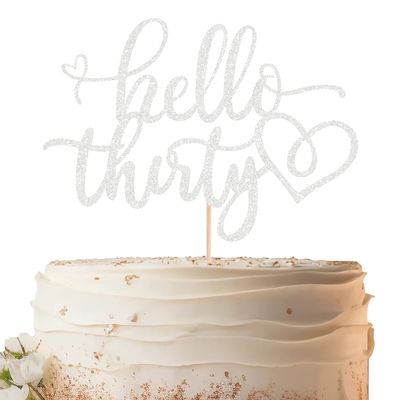 EONNCNT Hello Thirty Cake Topper - Silver Glitter 30th Birthday Cake Decorating Supplies for Women, Hello 30 Cake Decor for 30th Birthday/Anniversary Party Photo Booth Props