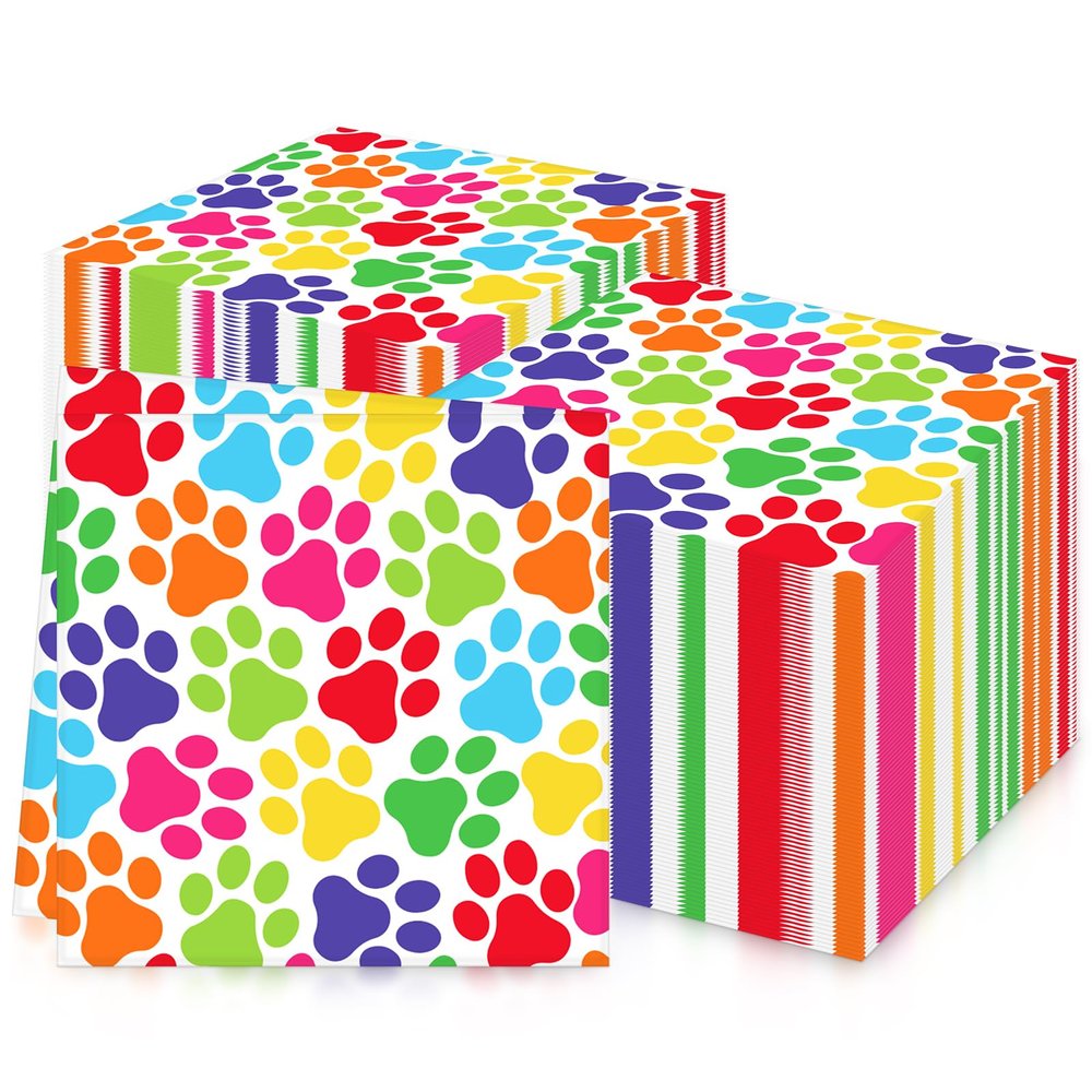 20Pcs Dog Paw Party Napkins,Rainbow Paw Print Dog Napkins Serviettes Tissue for Kids Puppy Dog Themed Birthday Party Supplies,Kids Girls Boys Birthday Party Decorations