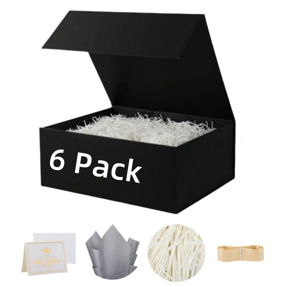 UoeRing 6 Pack Black Gift Box 9.5x6x3 inch Small Luxury Gift Box Bulk for Presents with Magnetic Lid Collapsible,Birthday,Groomsman,Contains Card, Ribbon, Tissue Paper,Shredded Paper Fille