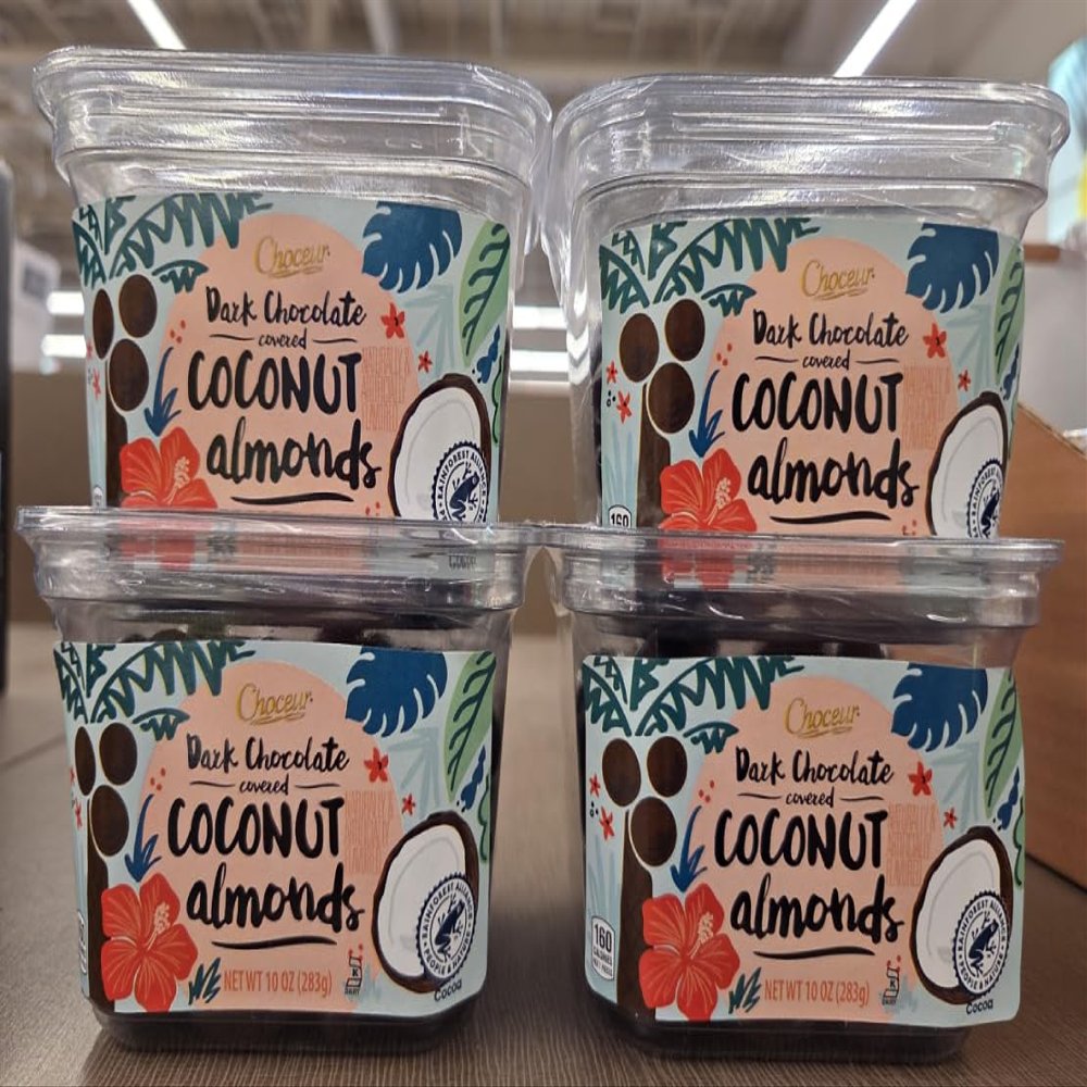 Choceur Dark Chocolate Covered Coconut Almonds 10oz 283g (Four Tubs)
