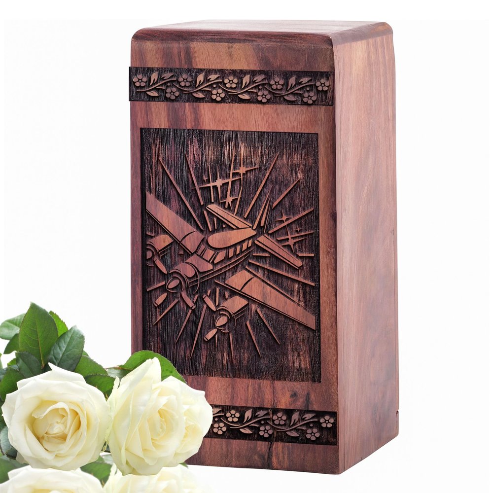 MUKTIVE 10 Inch Black Airplane Large Wooden Handmade Burial Urns for Human Ashes Adult Female - Memorial Urn for Ashes for Women - Pack of 1 with 180 Cubic Inches