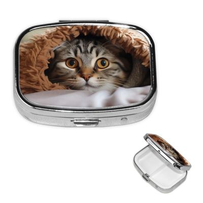 Pill Box Small Pill Case 2 Compartment Cute Medicine Organizer Cat Under Blanket Travel Pillbox Portable Pill Container Holder Vitamin Organizer to Hold Fish Oils Supplements
