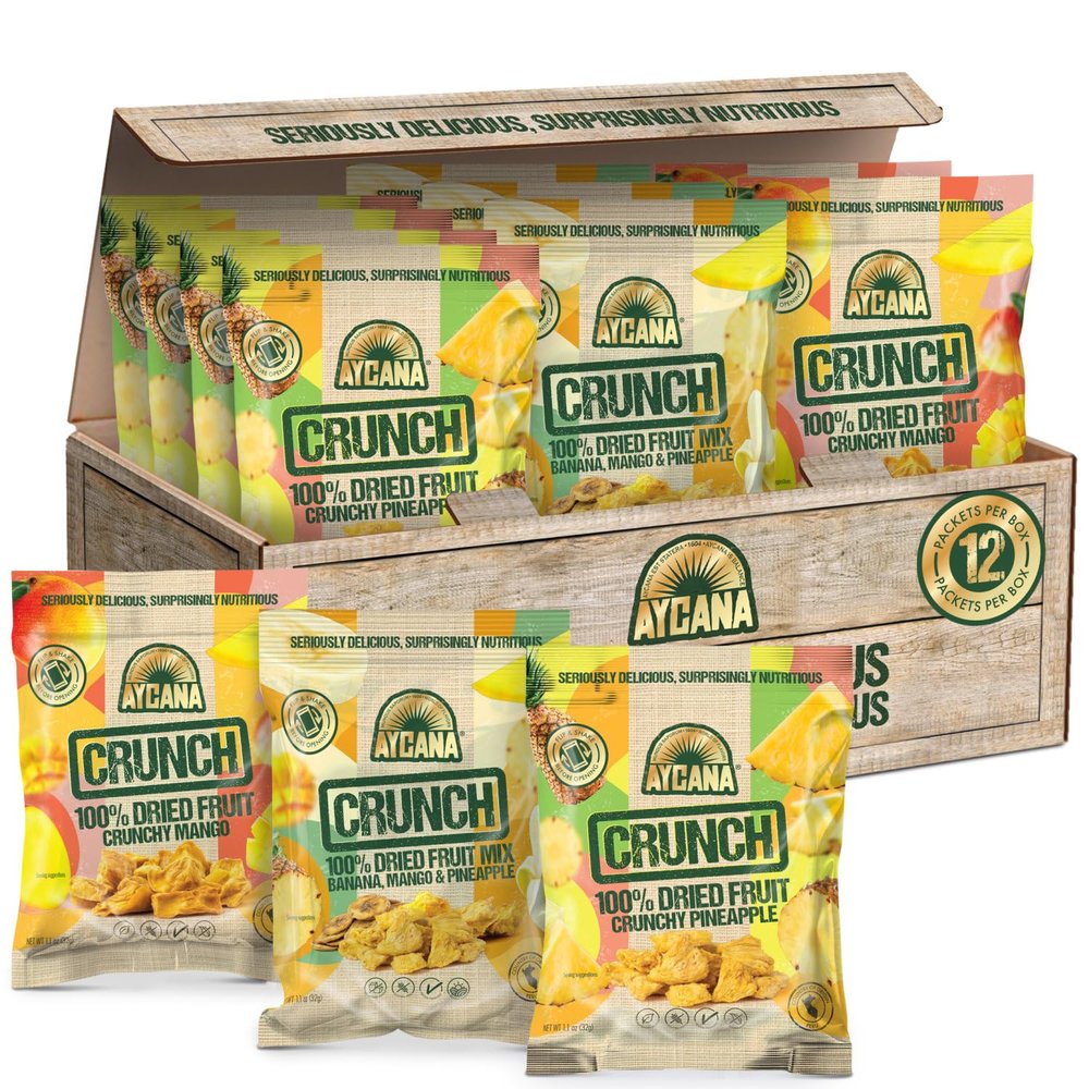 Aycana Golden Tropics Selection Box 100% Dried Fruit Crunchy Pineapple, Mango Gluten-Free, Vegan, Plant-Based Variety Pack, 12 Pouches