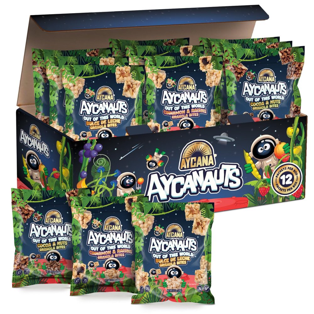 Aycanauts Astro-Trio Bites Mix Granola Bites Cocoa & Nuts, Dulce de Leche, Cinnamon & Raisins Gluten-Free, Vegan, Plant-Based, High Fiber Variety Pack, 12 Pouches
