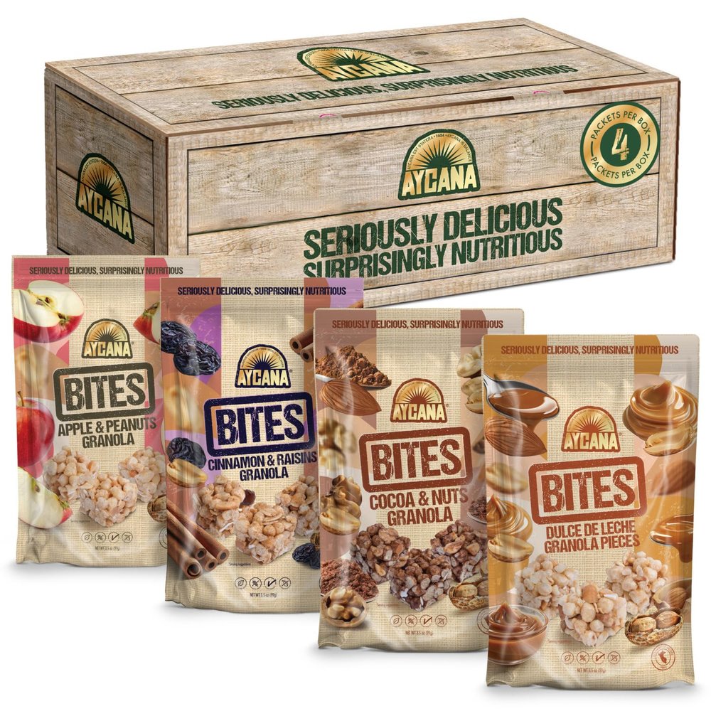 Aycana Fuel & Flavor Selection Box Granola Bites Cocoa & Nuts, Dulce de Leche, Apple & Peanuts, Cinnamon & Raisins Gluten-Free, Vegan, Plant-Based, High Fiber Family Size Pack, 4 Pouches