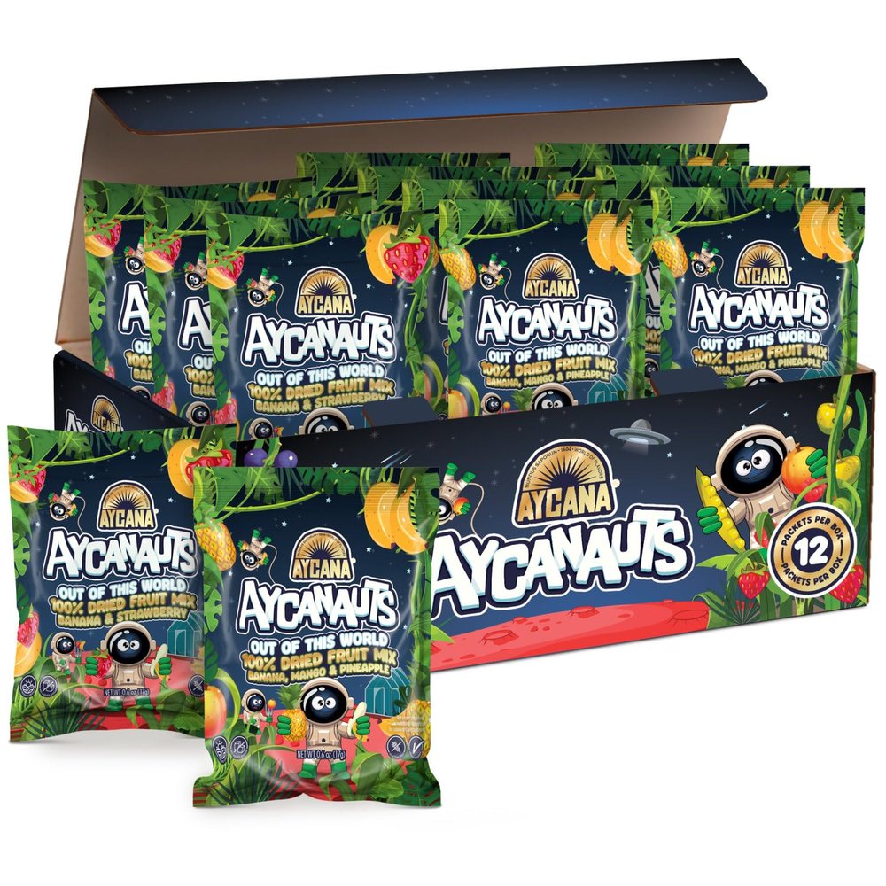 Aycanauts Cosmic Crunch Mix 100% Dried Fruit Crunchy Banana, Strawberry, Pineapple, Mango Gluten-Free, Vegan, Plant-Based Variety Pack, 12 Pouches