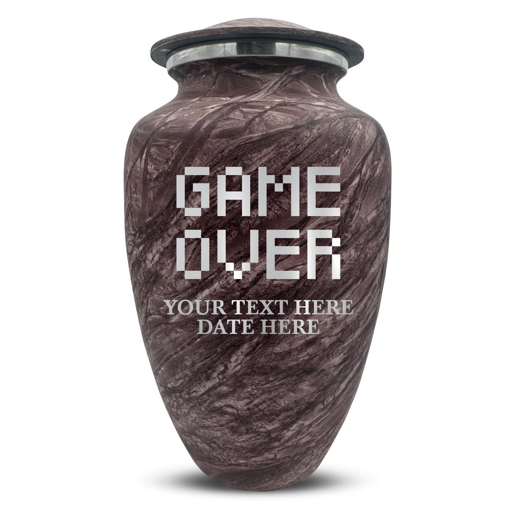 Custom Large Adult Cremation Urn for Ashes - Personalized Vessel with Name & Game Over Pixel Design for Cremains of Men/Women | Soft Whisper Funny Gamer Enthusiast Collection| 200 Cubic Inch |Burgundy