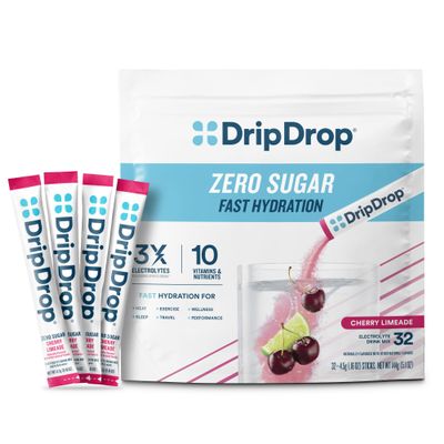 DripDrop Sugar Free Hydration Packets - Zero Cherry Limeade - Single Serve Electrolytes Powder Drink Mix - Non-GMO, Gluten Free, Vegan - 32 Sticks