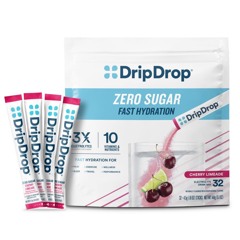 DripDrop Sugar Free Hydration Packets - Zero Cherry Limeade - Single Serve Electrolytes Powder Drink Mix - Non-GMO, Gluten Free, Vegan - 32 Sticks