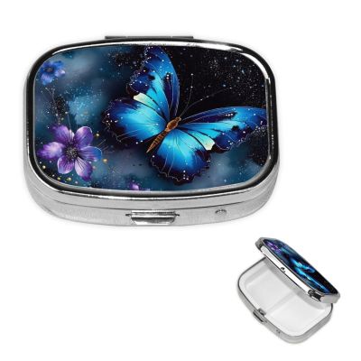 Pill Box Small Pill Case 2 Compartment Cute Medicine Organizer Galaxy Blue Butterfly Travel Pillbox Portable Pill Container Holder Vitamin Organizer to Hold Fish Oils Supplements