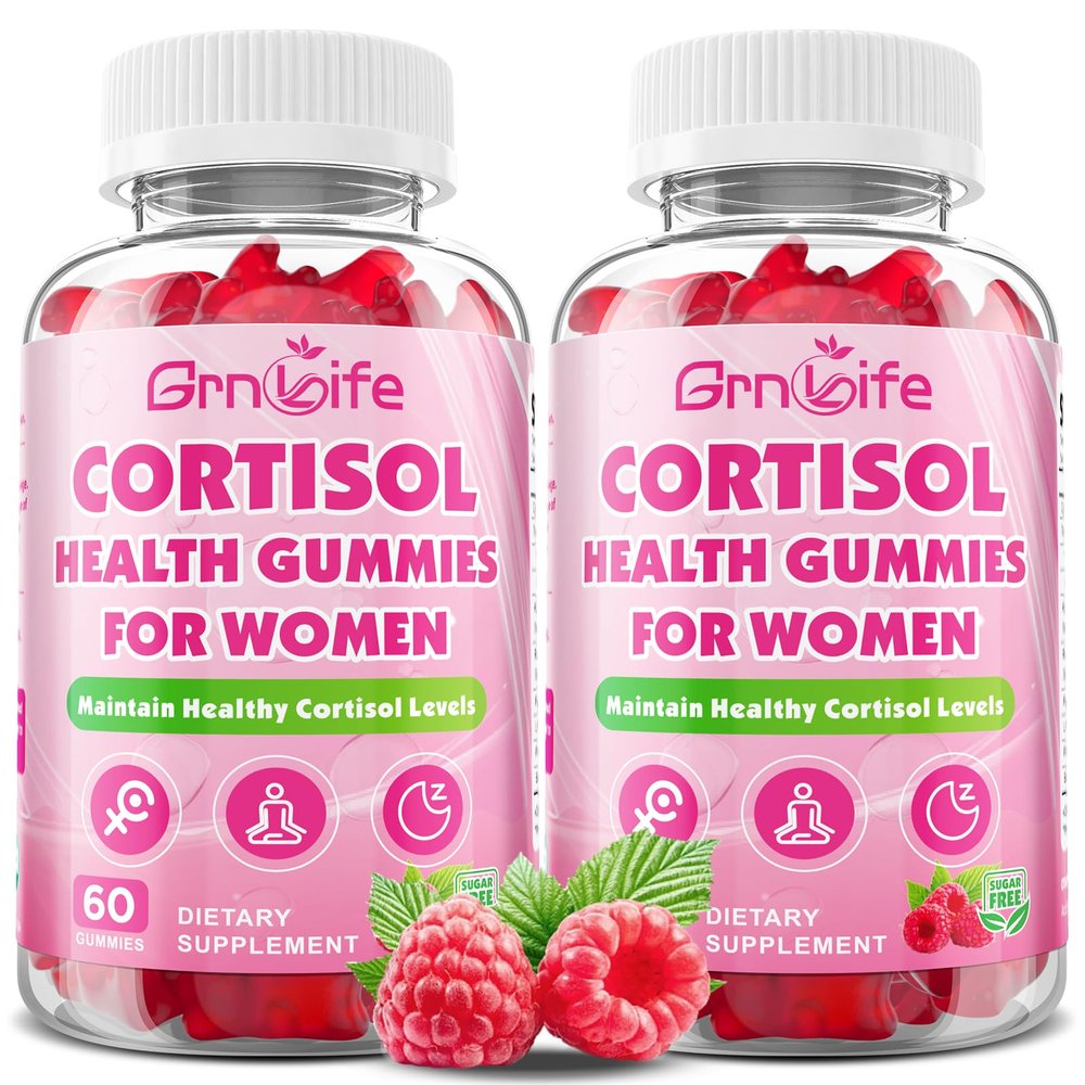 GrnLife 2 Pack Cortisol Gummies for Women, Cortisol Supplements Gummies with Magnesium Ashwagandha Rhodiola Rosea and L-theanine Complex for Relaxation and Zzz Support, Raspberry Flavor, 120 Count