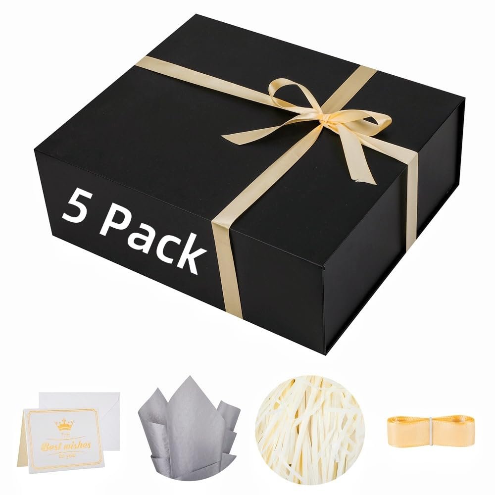 5 Pack Extra Large Black Gift Box 17x14.5x6 inch Luxury Groomsman Box for Presents with Magnetic Closure Lid Collapsible,Birthday,Christmas,Contains Card, Ribbon,Tissue Paper,Shredded Paper Filler