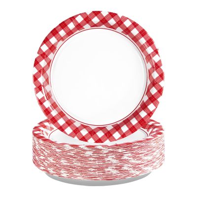 100 Pcs Red Gingham Paper Plates 7" Heavy Duty Red and White Buffalo Checked Plaid Dessert Plates Disposable Gingham Party Supplies for Summer Pizza BBQ Picnic Baby Shower Birthday Party Decorations