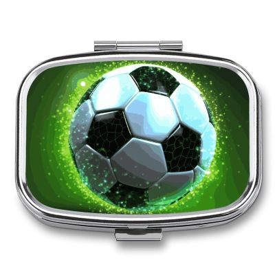 Cool Soccer BallPill Organizer with Mirror, 2 Compartment Metal Travel Pill Case, Weekly Medicine Container for Daily Meds, Compact & Artistic Design for Purse, Pocket, Or Wallet