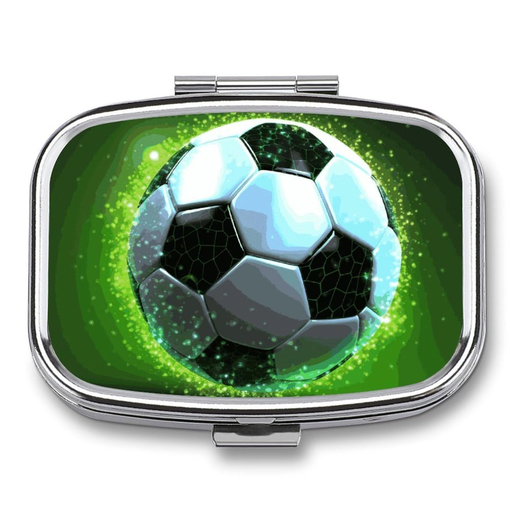 Cool Soccer BallPill Organizer with Mirror, 2 Compartment Metal Travel Pill Case, Weekly Medicine Container for Daily Meds, Compact & Artistic Design for Purse, Pocket, Or Wallet