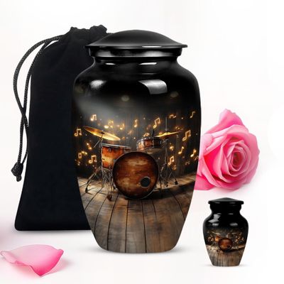 Black Drum Set Large Cremation urns for Human Ashes Adult Man - Small Burial urn for Human Ashes Adult Female & Male 1 Large 1 Keepsake