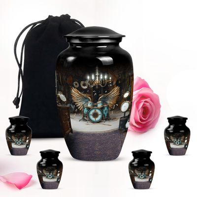 Black Drum Set Small urn for Human Ashes Keepsake - mini Burial urns for Human Ashes 1 Large 4 Keepsake