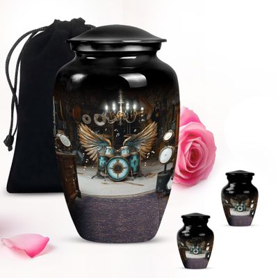 Black Drum Set Large Memorial urns for Ashes Adult Male - Small Burial urn for Ashes for Women & Men 1 Large 2 Keepsake