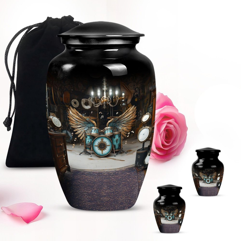 Black Drum Set Large Memorial urns for Ashes Adult Male - Small Burial urn for Ashes for Women & Men 1 Large 2 Keepsake