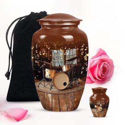 Brown Drum Set Large Cremation urn for Human Ashes Adult Man - Small Burial urns for Human Ashes Adult Female & Male 1 Large 1 Keepsake