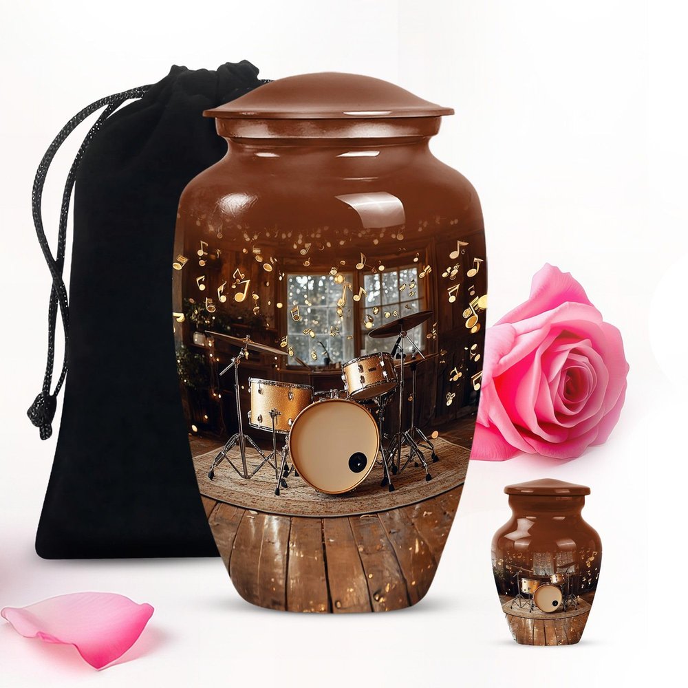 Brown Drum Set Large Cremation urn for Human Ashes Adult Man - Small Burial urns for Human Ashes Adult Female & Male 1 Large 1 Keepsake