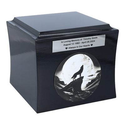Urn With Wolf Cremaion Urn With Engraved Lone Wolf (Black/Design1/Plaque)