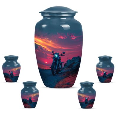 KARYLIZ Motorcycle Mini Urn - Sunset Blue Set of 5-10" Large and 4 Mini Keepsake Ashes for Mom & Dad - Keepsake Funeral Urns for Women - Memorial Ash Holder - Urn for Ashes Adult Male
