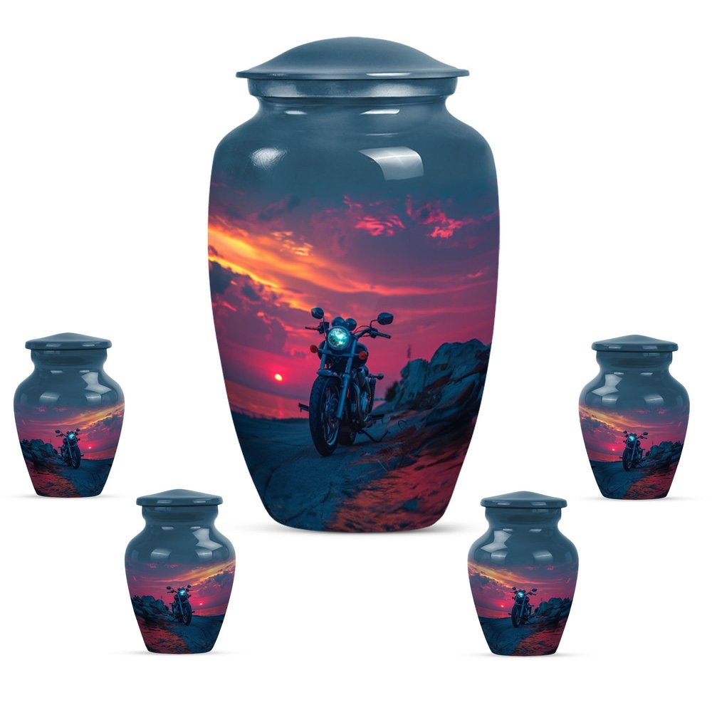 KARYLIZ Motorcycle Mini Urn - Sunset Blue Set of 5-10" Large and 4 Mini Keepsake Ashes for Mom & Dad - Keepsake Funeral Urns for Women - Memorial Ash Holder - Urn for Ashes Adult Male