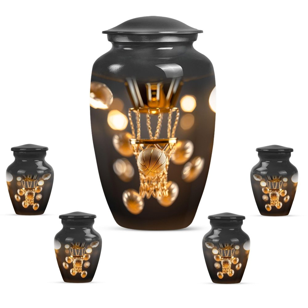 KARYLIZ Basketball Urns for Human Ashes Adult Man - Golden Black Set of 5-10" Large and 4 Mini Keepsake Adult for Mom & Dad - Tiny Urns for Human - Small Urn for Ashes Keepsake