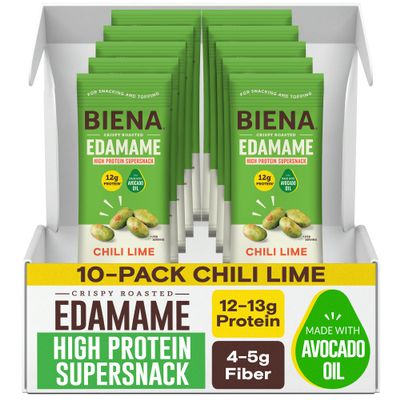 Biena Edamame Beans Snack High Protein Snacks Healthy Office Snacks For Adults and Kids, 13g of Protein, 130 Low Calorie, Crunchy Edamame, Vegan, Low Carb, Gluten-Free, Chili Lime 10 pk