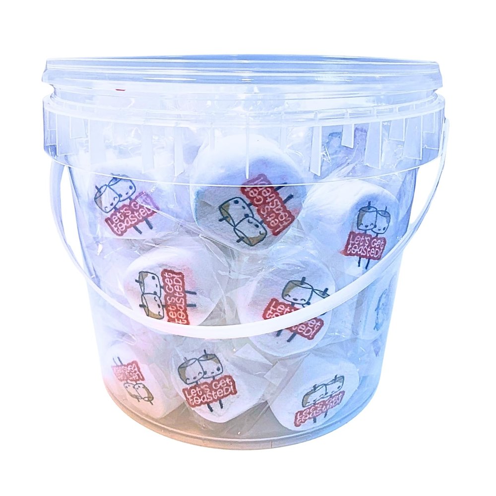 WBB Marshmallows Large Bucket | Individually Wrapped Toasters | 50 units | Printed Designs | Great for sharing | Ideal for s'mores (Large Bucket)