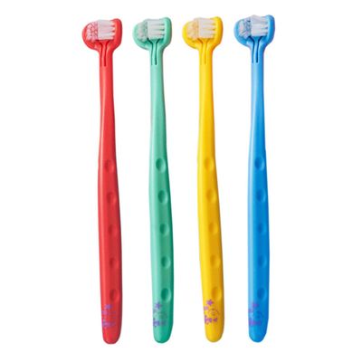 FOMIYES 4pcs Three-Sided Boy Girl Toothbrush Soft Bristle Oral Care Tool for Boy Girl Yellow Green and Easy Grasp Handle