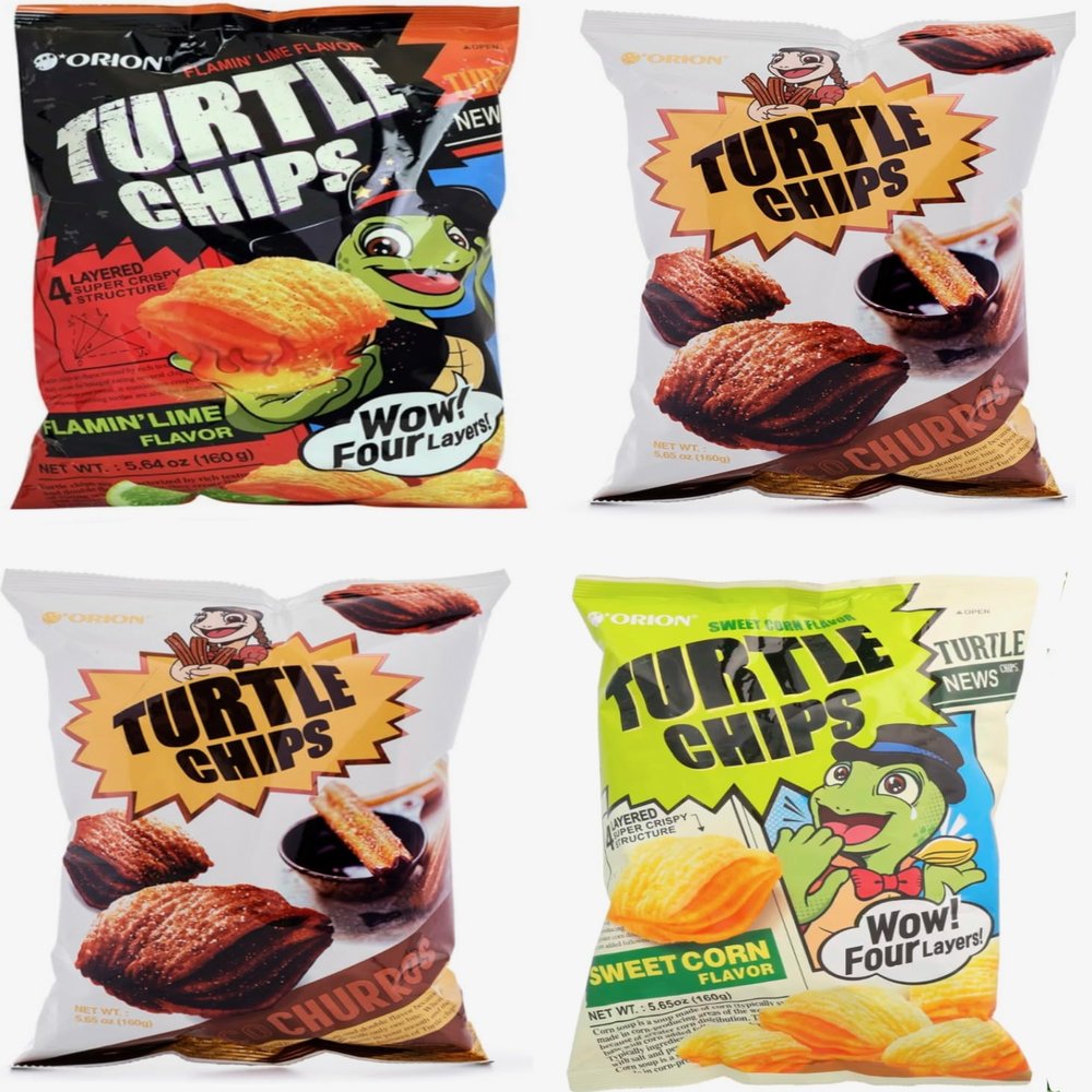 [Combo of 4 Big Packs] Orion Turtle Chips, Flaming Lime/Choco Churros (2) / Sweet corn Flavor, Super Crunch, 5.64 oz