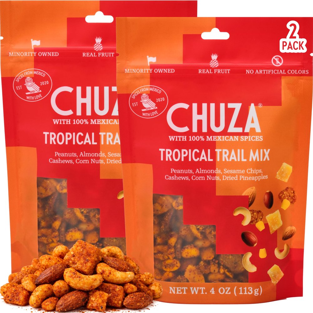 CHUZA Tropical Spicy Trail Mix (4 oz. Pack of 2) Mexican Snacks Style Sweet Chili Nuts & Dried Fruit, Spicy Nuts, Pineapple, Peanuts, Almonds, Corn Nuts, Cashews, Chili Seasoning, Snack Mix