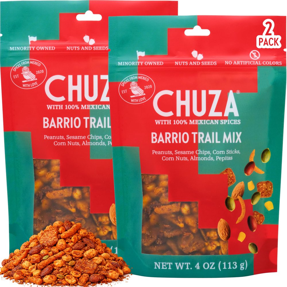 CHUZA Barrio Trail Mix Spicy Crunchy Snack with 100% Mexican Spices Peanuts, Corn Nuts, Almonds, Pepitas, Corn Sticks & Sesame Chips High Protein 4 oz (Pack of 2)