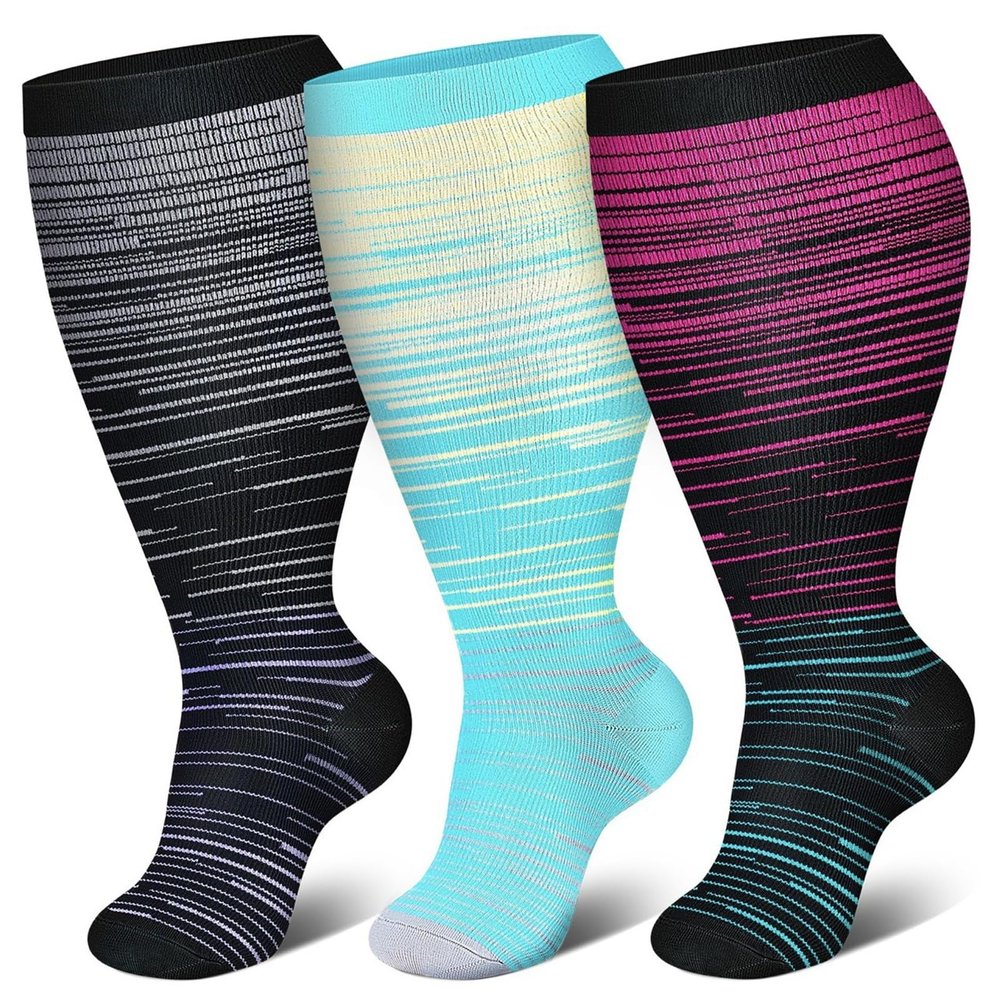 3 Pairs Plus Size Compression Socks for Women and Men Wide Calf 20-30mmhg Extra Large Knee High Support for Circulation (3PcsH,3x_l)