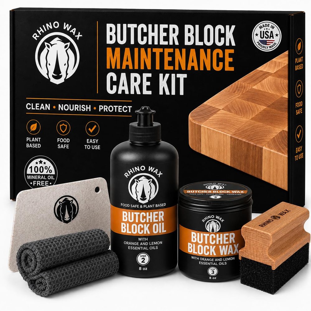 Rhino Wax Butcher Block Maintenance Kit: Oil, Wax, Scraper & Applicator