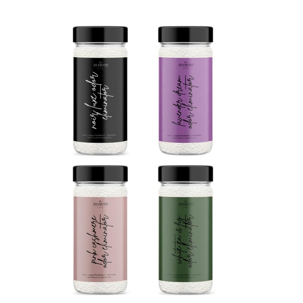 The Diamond Life "Hotel" Collection Carpet Powder Bundle 4 Pack: Noir Luxe, Lavender Dreams, Pink Cashmere, White Tea & Fig - Odor Eliminator for Home, Spring Cleaning, Upholstery & Pet Areas