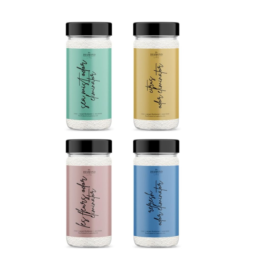 The Diamond Life Home FRESH Collection Carpet Powder Bundle 4-Pack Deodorizing Carpet & Upholstery Freshener Sea Mist, Citrus, Le Fleurs & Refresh for Vacuuming, Spring Cleaning, Rugs, & Pet Beds