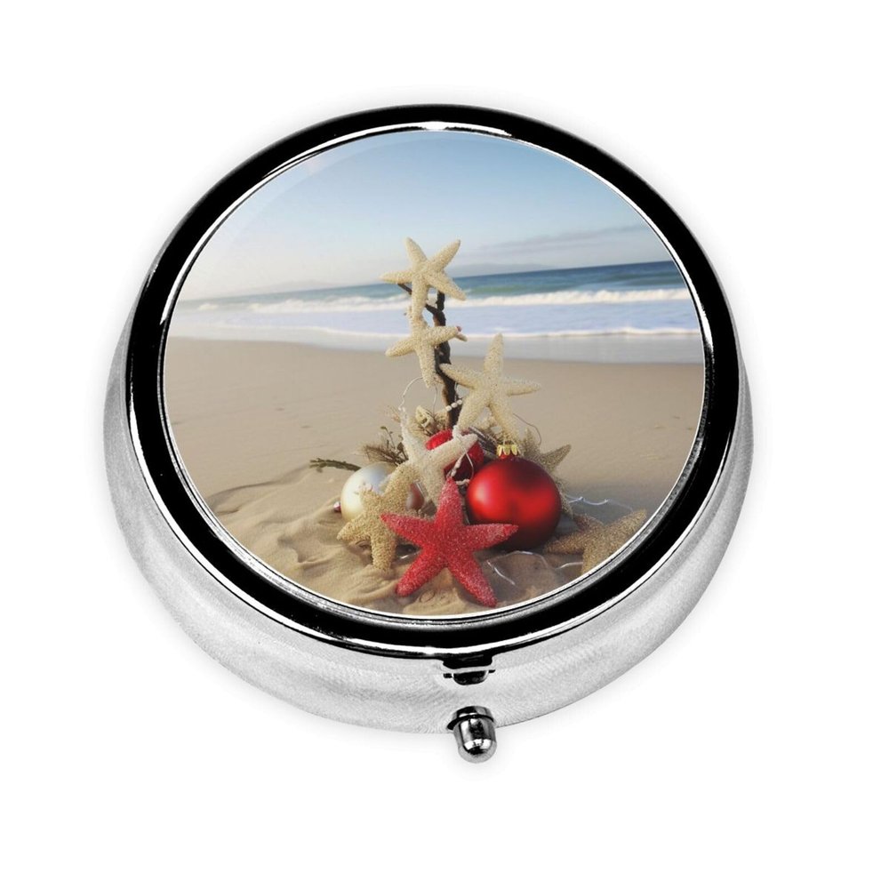 Christmas Beach Printed Round Pill Organizer with 3 Compartments, Portable Mini Pill Box Pill Case for Medicine, Vitamin, Fish Oil, Supplements