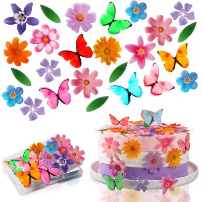 108Pcs Edible Flowers and Butterflies Cake Topper, Flower Cupcake Toppers Wafer Paper Butterflies Mixed Size Color Cake Decorations for Wedding Baby Shower Bridal Shower Birthday Party Supplies